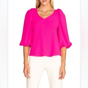 Trina Turk | Danise satin blouse Hot Pink Women’s size XS blouson sleeve v-neck